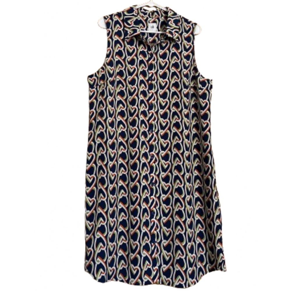 CAbi Women’s Navy Multi Linked Hearts Button Down Shirt Duster  Dress #5370 Sz-L